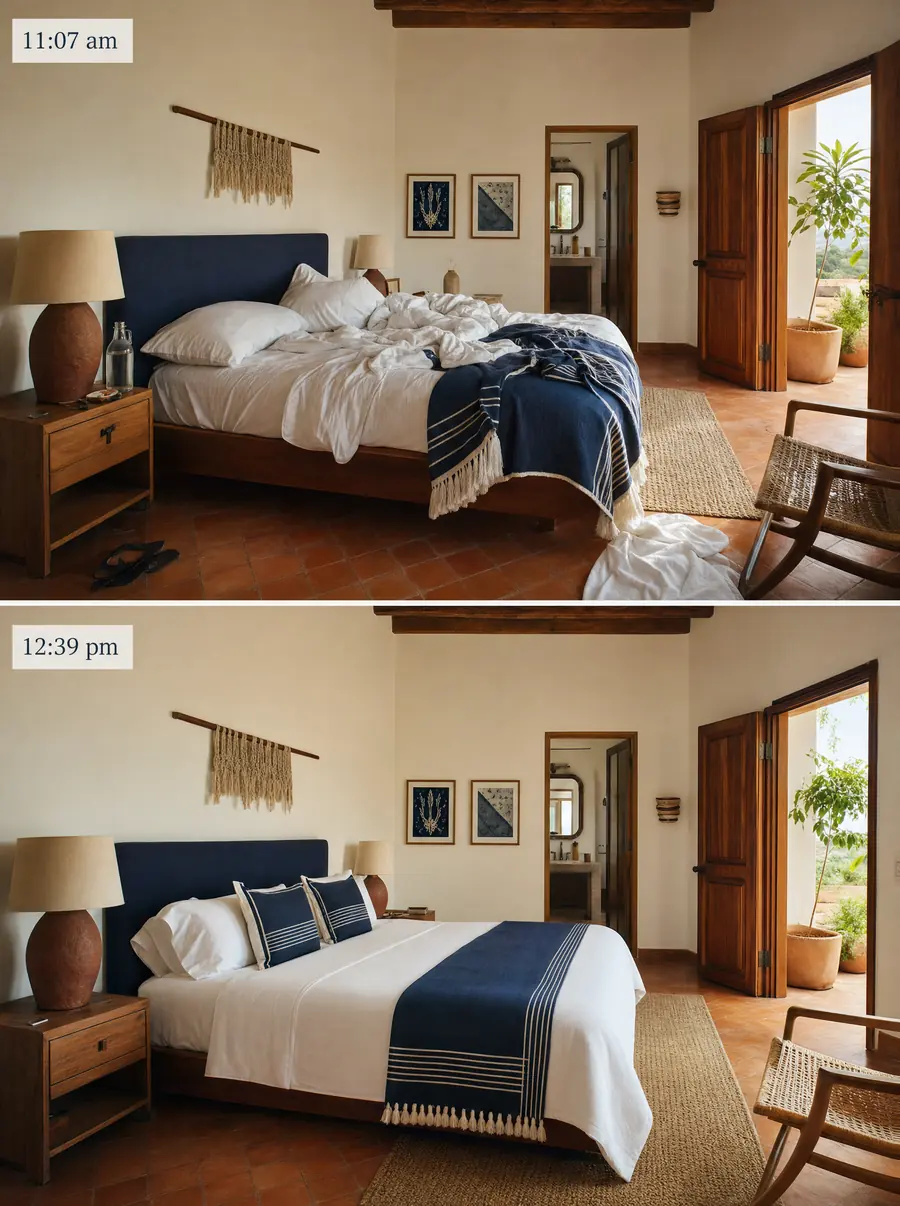 Comparación de una recámara antes y después de la rotación: cama deshecha a las 11:07 y cama tendida nivel hotel a las 12:39
