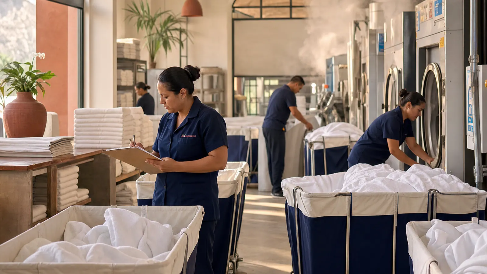 Bodega de lavandería con carritos de blancos y lavadoras industriales en operación