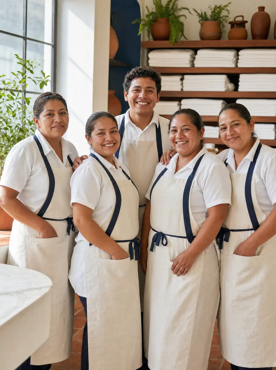Equipo de limpieza y lavandería con mandiles, sonriendo frente a anaqueles de blancos